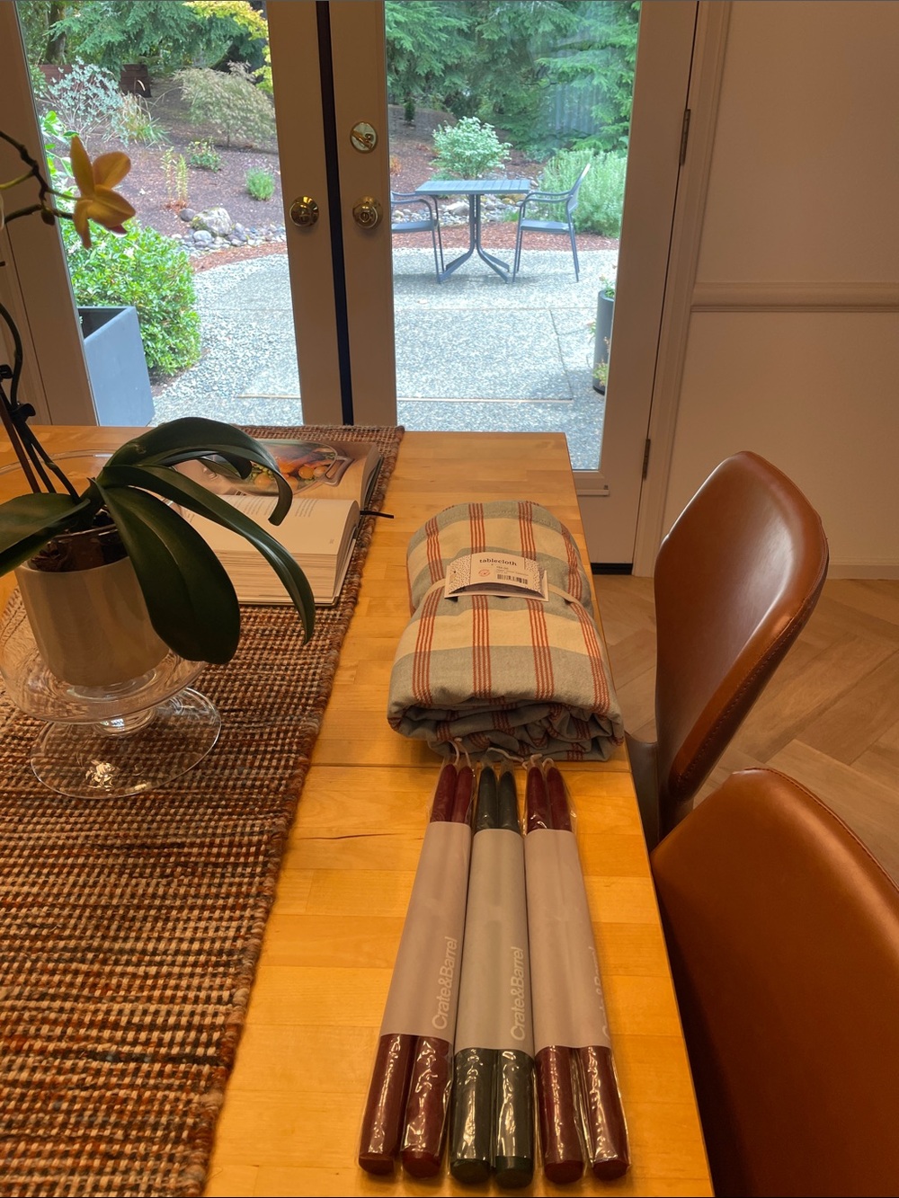Bundle of 3 x set of two crate and barrel candles + gently used tablecloth